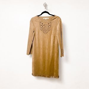 Max Studio Spring Winter Chic Faux Suede Fringe Hem Laser Cut Detail Mini‎ Dress
